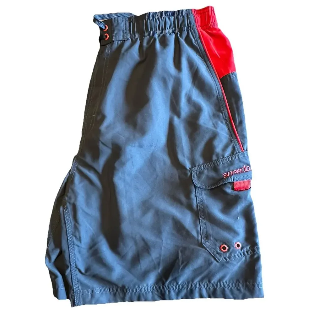 Speedo Mens 2XL Gray Red Cargo Drawstring Board Shorts Swim Trunks‎